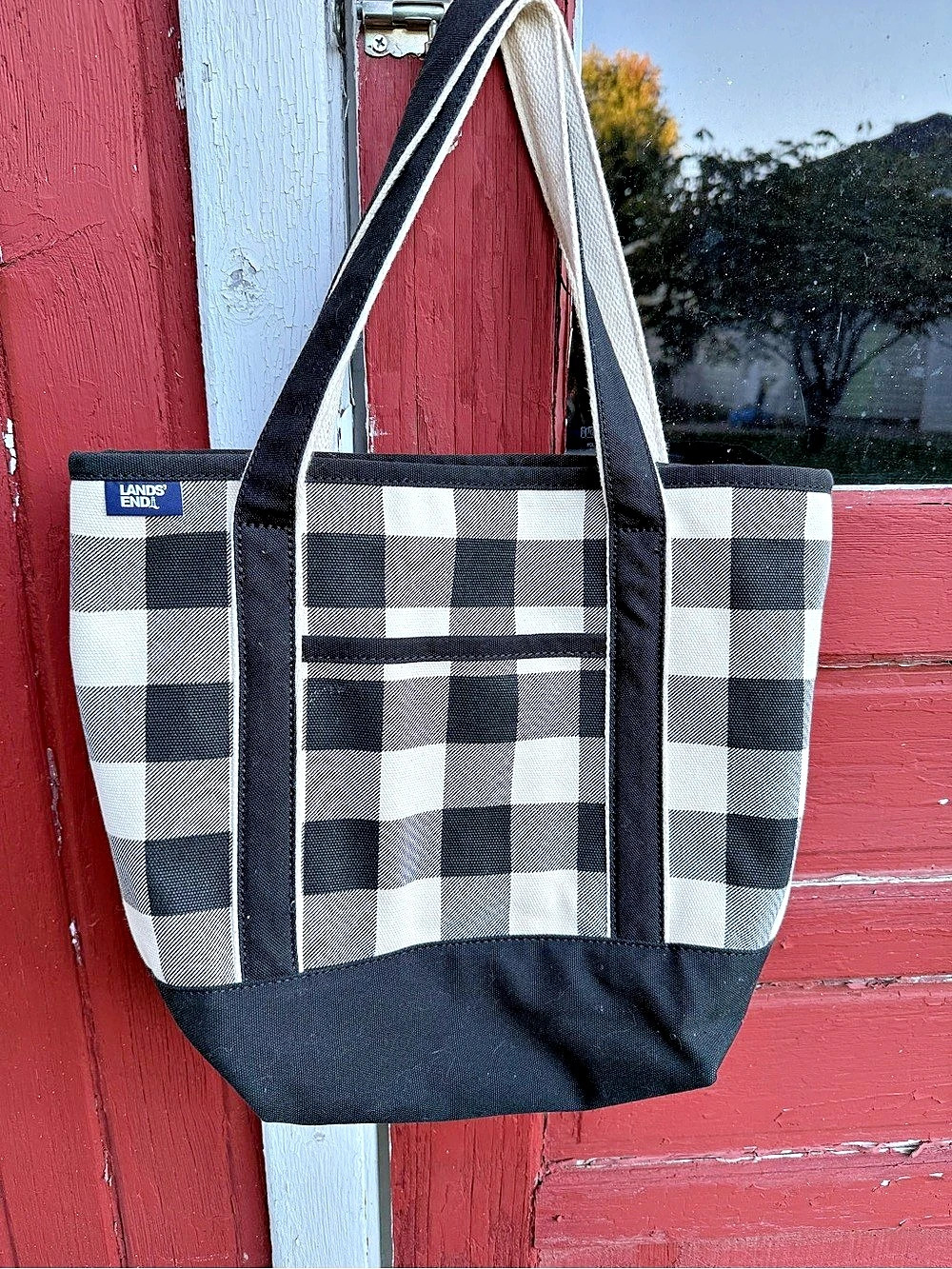 Lands' End Open Top Canvas Tote Bag Black & White